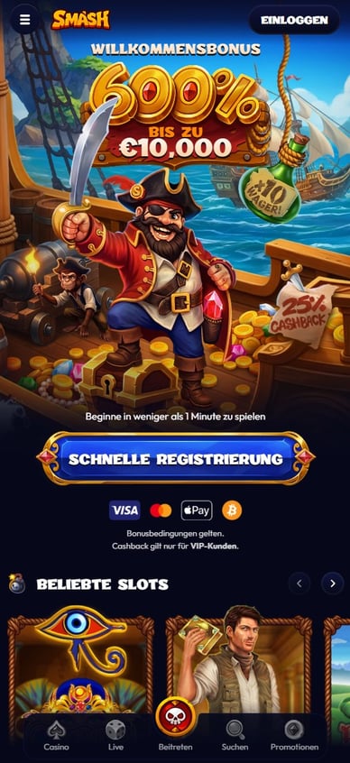 Förhandsgranskning av Smash Casino affiliate‑landningssida